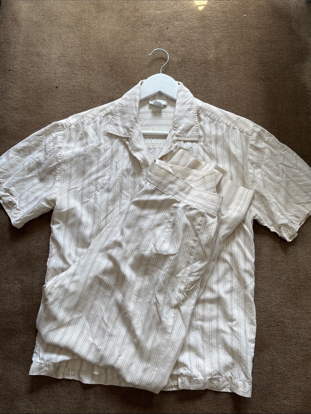 Women's cream striped short sleeve set / top + pant
